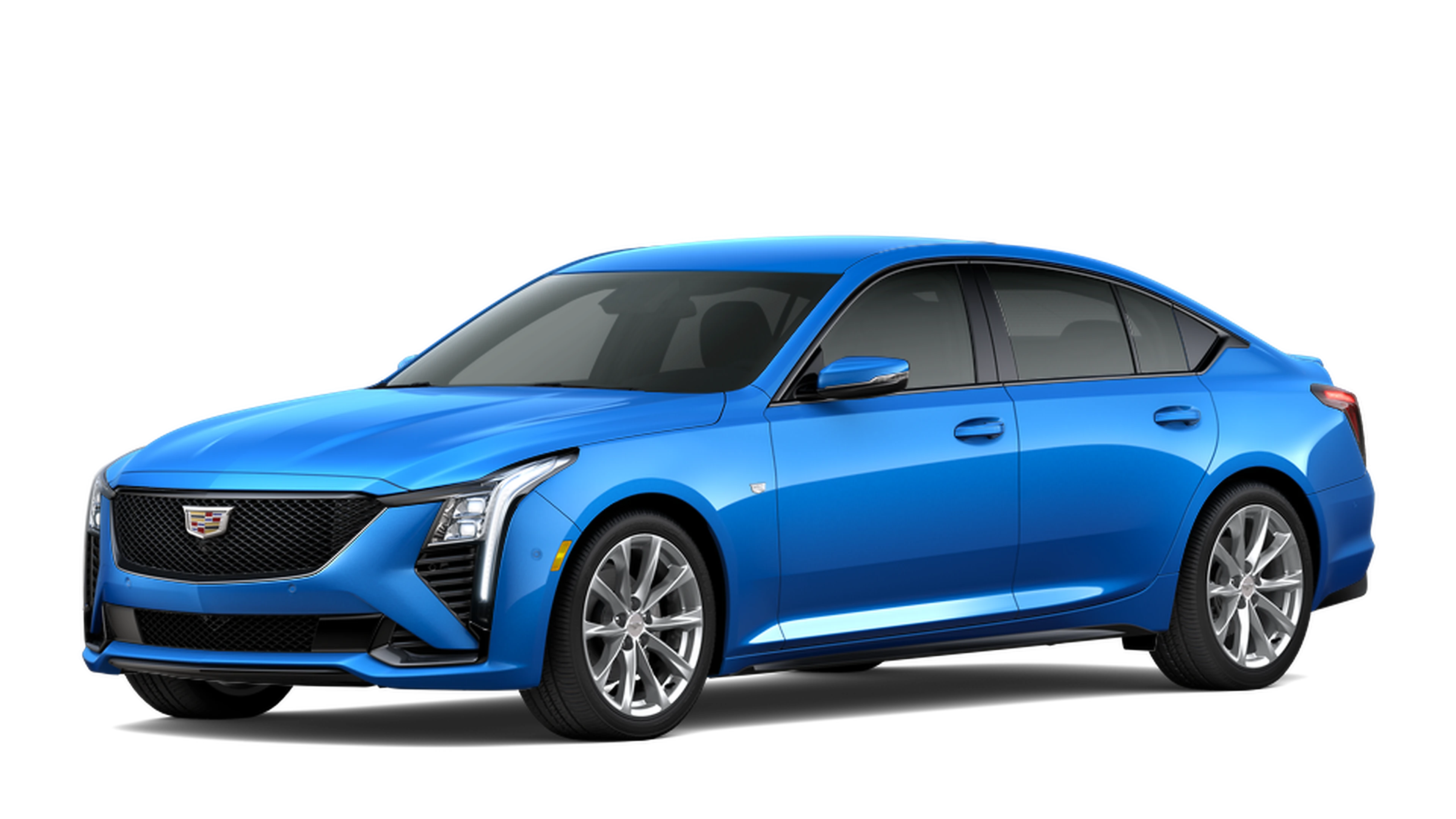 Cadillac CT5 in metallic red, front three-quarter view