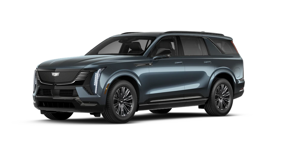 Cadillac Escalade IQL in metallic blue-grey, front three-quarter view