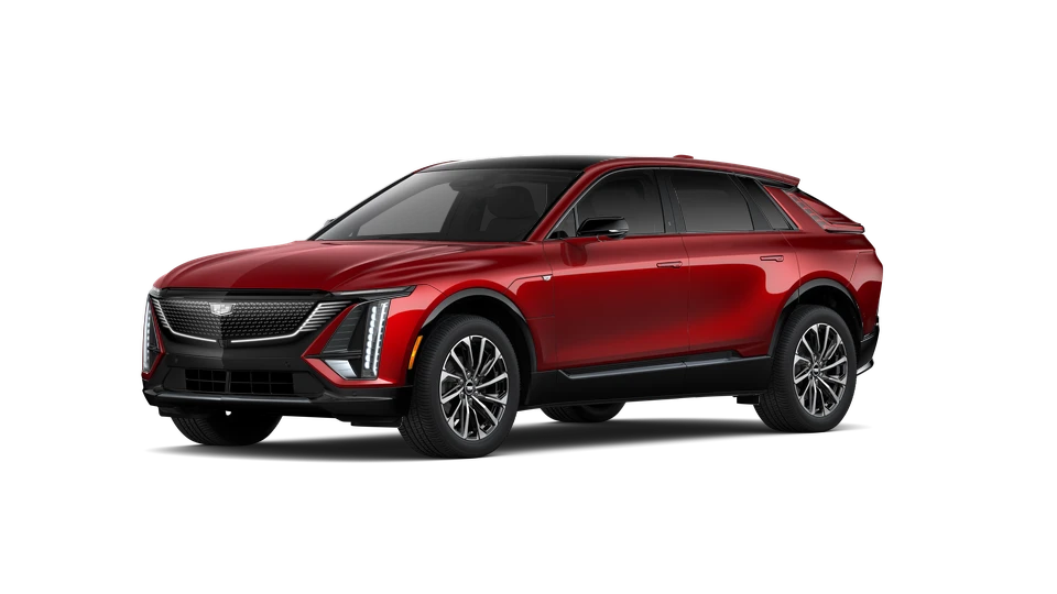 Cadillac LYRIQ in metallic red, front three-quarter view