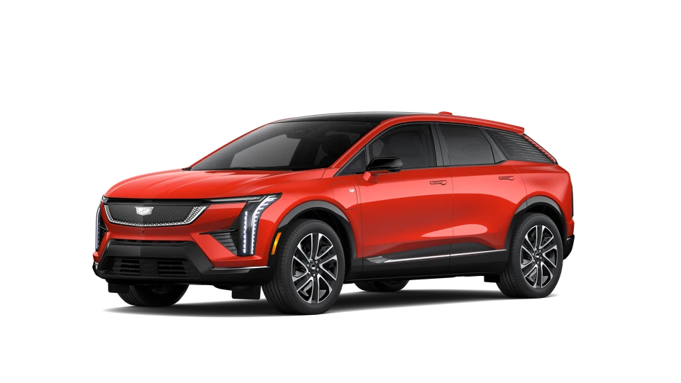Cadillac OPTIQ in metallic red, front three-quarter view